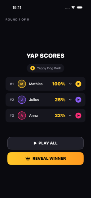 Score reveal screen showing a winner